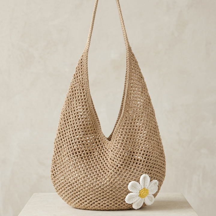 Lola | Hollow-Out Knitted Tote Bag Flower Detail