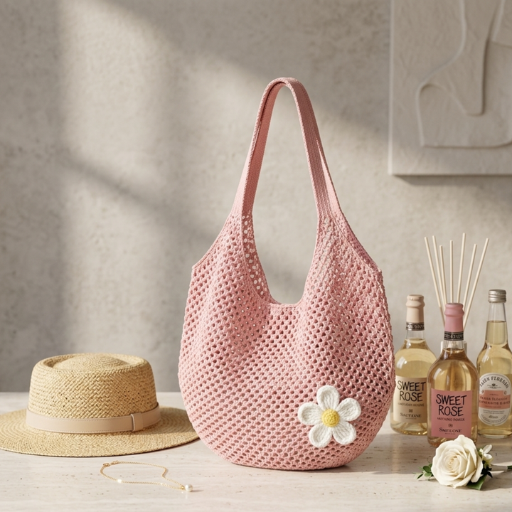Lola | Hollow-Out Knitted Tote Bag Flower Detail
