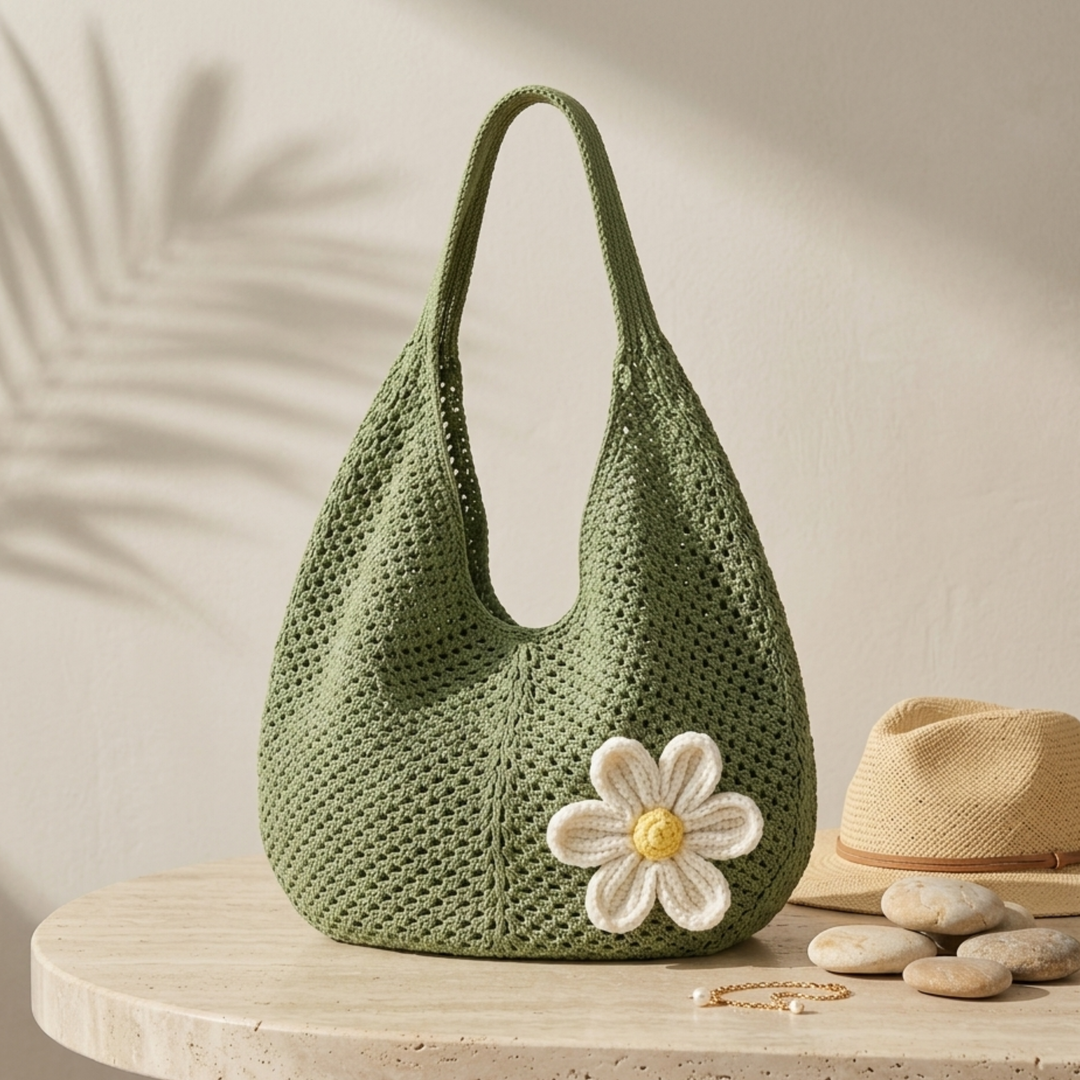 Lola | Hollow-Out Knitted Tote Bag Flower Detail