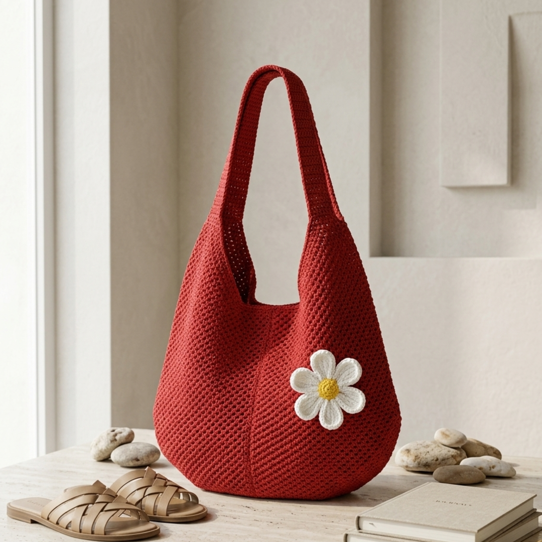Lola | Hollow-Out Knitted Tote Bag Flower Detail