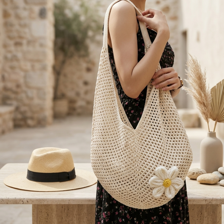 Lola | Hollow-Out Knitted Tote Bag Flower Detail