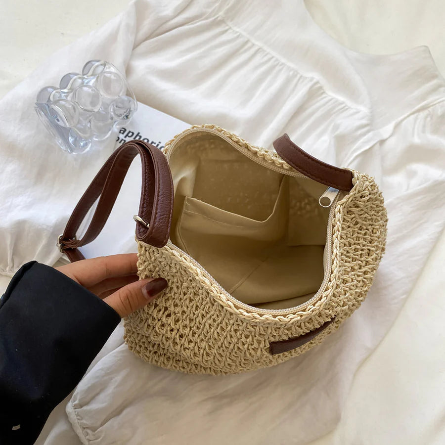 Henni | Woven Straw Hobo Bag Strap Zip Pocket